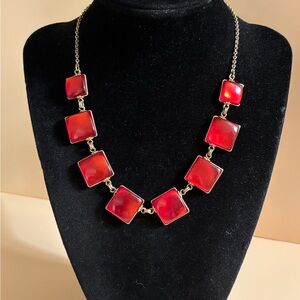 Vintage Gold Tone Red Moonglow Square Pendant Necklace 17”